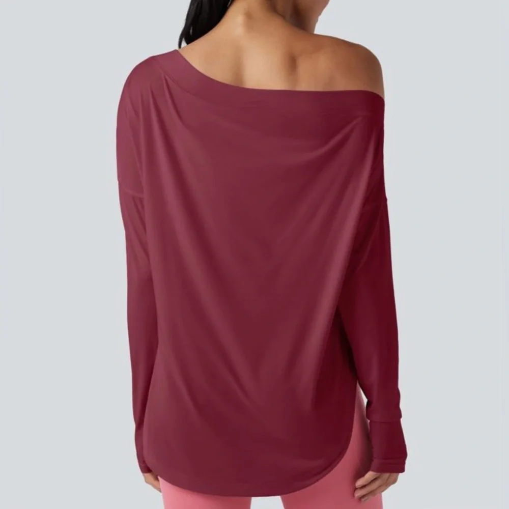 NWT Halara One Shoulder Long Sleeve Thumb Hole Curved Hem High Low Top XL - Picture 3 of 14